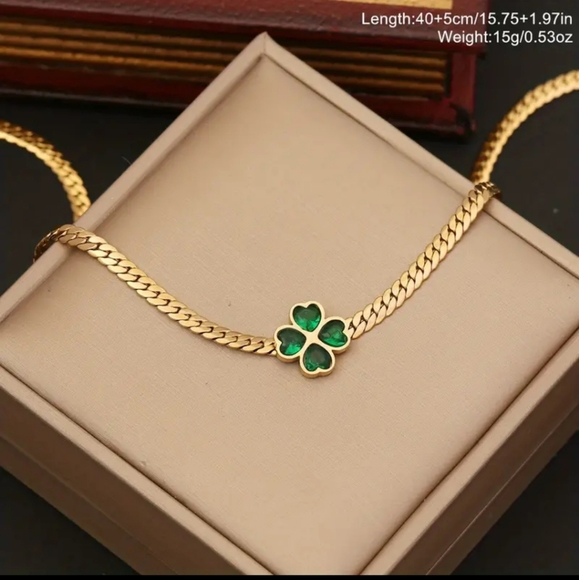 Green Heart Flower Stainless Steel Chain Necklace For Women. - Picture 2 of 6